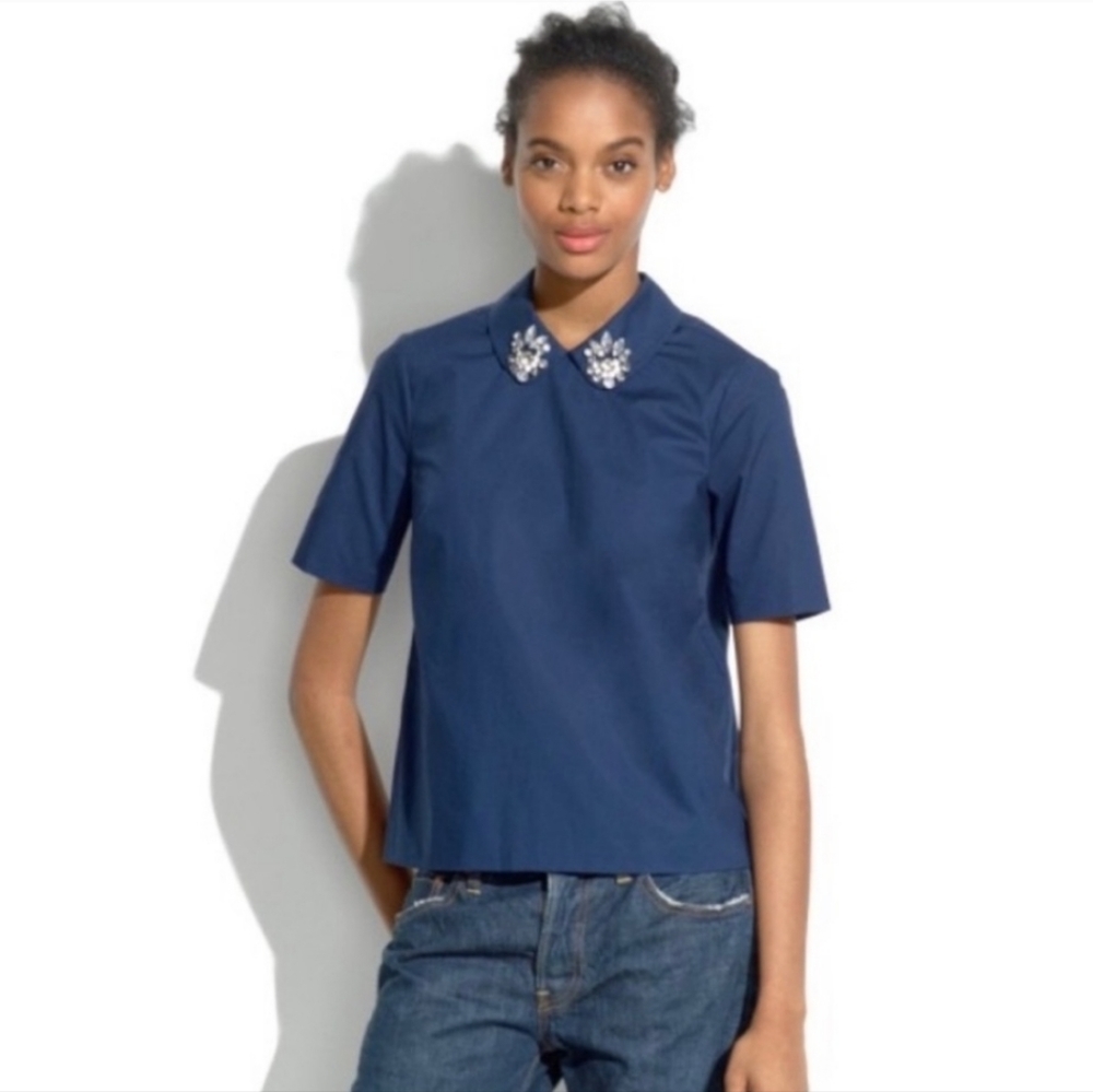 Madewell Navy Blouse w/ Jeweled Peter Pan Collar Size Extra Small